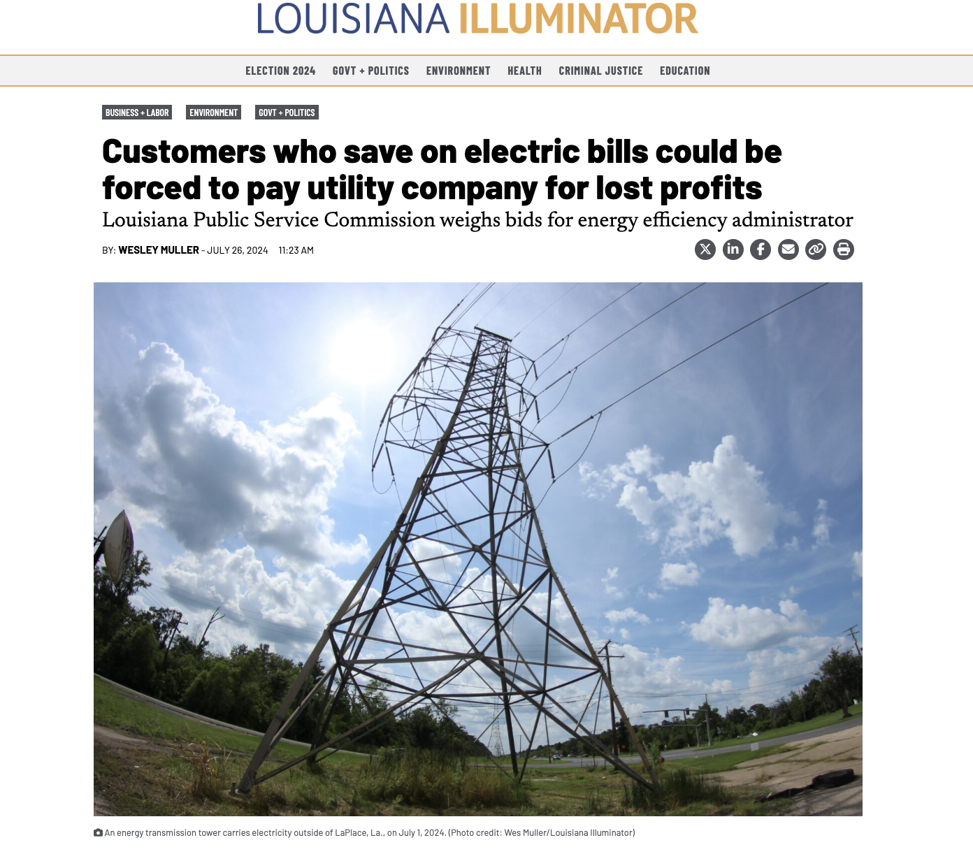 Electricity - Louisiana Illuminator Election 2024 Cont Politics Envinemment Health Criminal Justice Education Customers who save on electric bills could be forced to pay utility company for lost profits Louisiana Public Service Commission weighs bids for 